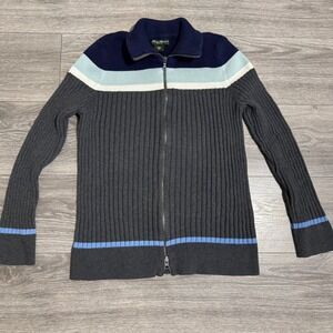 Eddie Bauer Ribbed Zip Up Sweater Jacket Navy Blue White‎ Light Blue Stripe XL